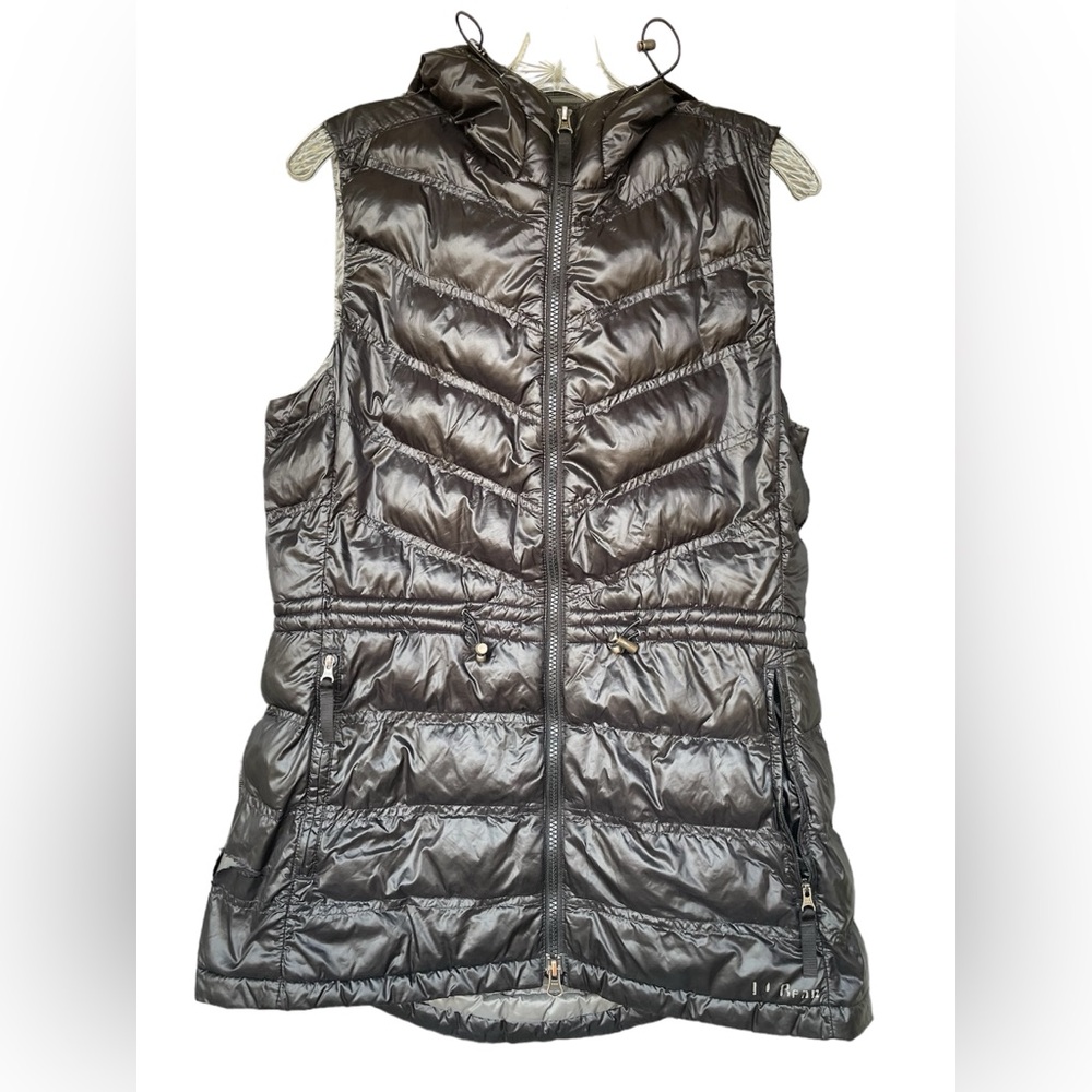 LLBean Long Black cinched waist and hood puffer vest